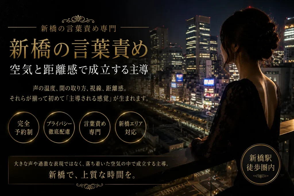 新橋の夜景を背景に、上品な女性のシルエットと黒金デザインで「新橋の言葉責め」を表現したトップ画像。