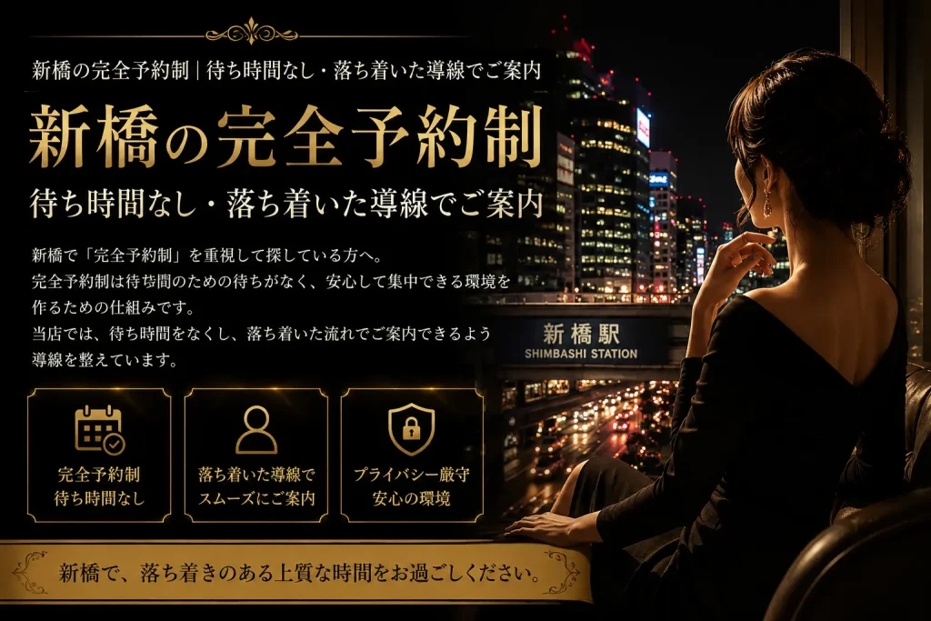 新橋の夜景を背景に、上品な女性のシルエットと黒金デザインで「完全予約制・待ち時間なし・落ち着いた導線」を表現したトップ画像。