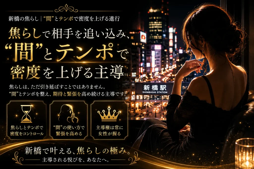 新橋の夜景を背景に、上品な女性のシルエットと黒金デザインで「焦らし」をテーマにした高級感あるトップ画像。